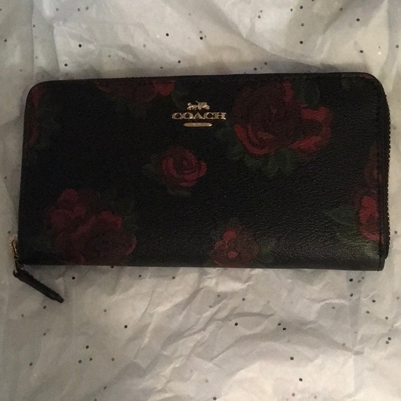 Coach Handbags - LARGE COACH WALLET NEW WITH TAGS, BLACK WITH PLUM